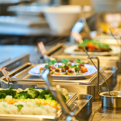A close-up of a buffet on display.