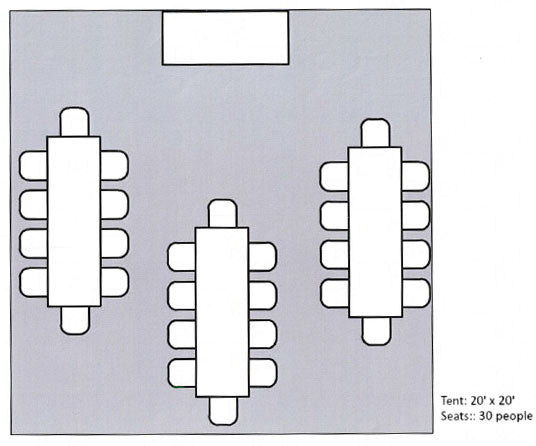 A tent diagram, Tent 20'x20', Seats 30 people