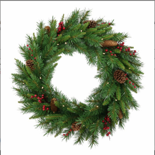 Holiday Wonderland 24 Woodland Berry Wreath with White Lights