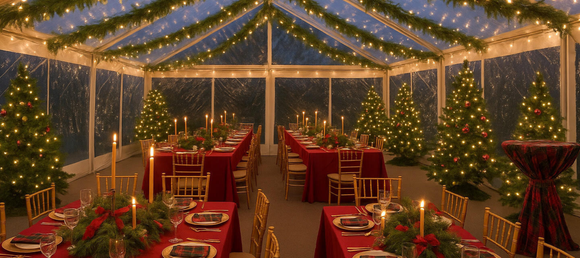 Holiday-themed event setup in a clear tent with strings of lights, decorated Christmas trees, and tables with red cloths, candles, and festive greenery.